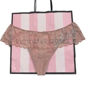 Victoria's Secret Dusty Rose/Nude Wide Side Thong Panty Rhinestone Lace‎ XS NWT